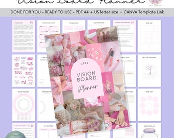 Vision Board Planner | PDF and Editable Canva Template, 36 Pages, 2024 Goal Setting & Mindfulness Tool for women, Personal Use