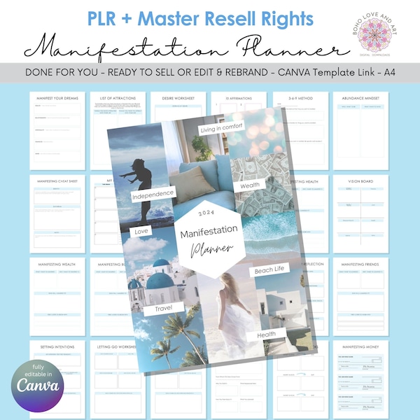 Manifestation Planner PLR Canva Template | with MRR Master Resell Rights, 65 pages fully editable in Canva, Done for you and ready to resell