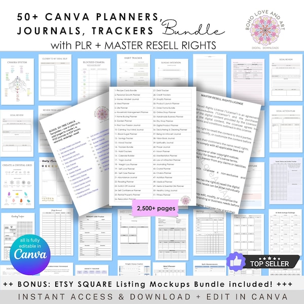 2500+ pages PLR Canva Templates Bundle Journals Planners Trackers KDP, digital business starter kit, ready to resell, with MRR license