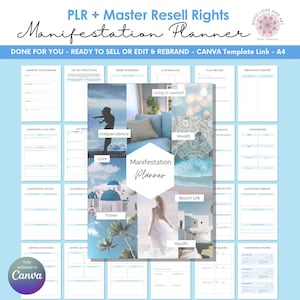 PLR Manifestation Planner Canva Template | DFY with MRR Master Resell Rights, 65 pages fully editable in Canva, new year goal setting tool