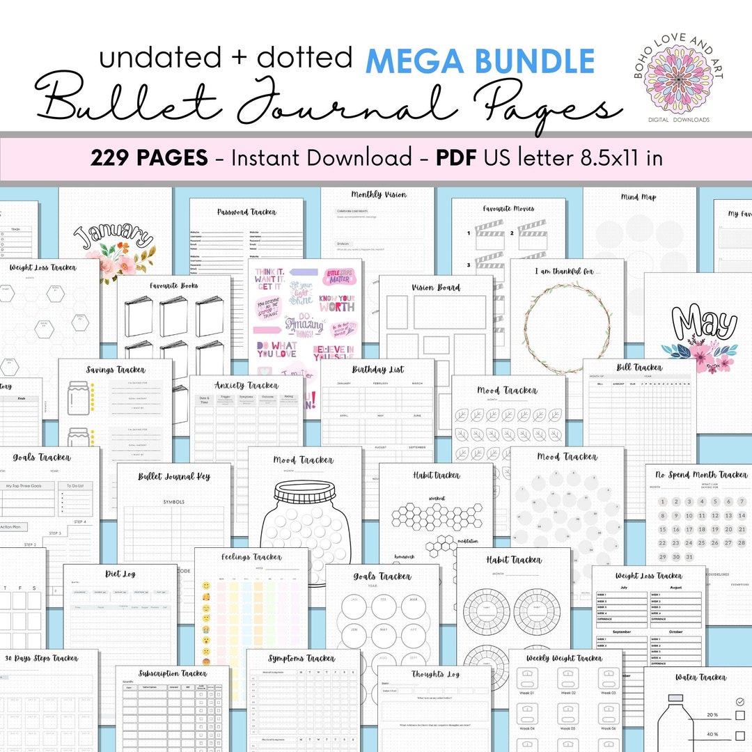 Bullet Journal Pages Bundle 229 Dotted Premade Sheets Printable Pdfs ...