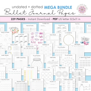 Premade Bullet Journal Bundle 229 Dotted Pages Printable | Full Year Life Planning + Tracking Bundle | Undated Journaling Sheets