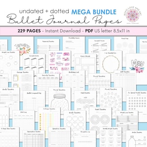 Bullet Journal Pages Bundle 229 Dotted premade sheets Printable PDFs | Full Year Life Planning + Tracking Bundle | Undated Journaling