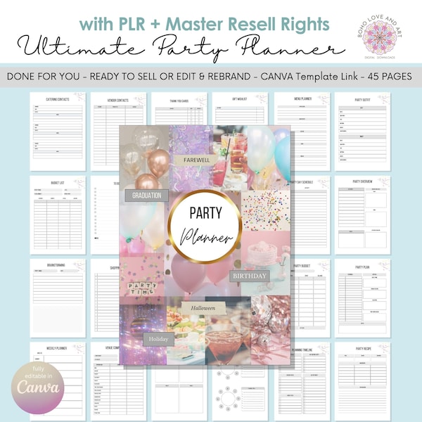 PLR Party Planner Canva Template | MRR Master Resell Rights License | 45 pages fully editable in Canva, invitation templates included
