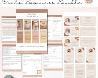 Doula Business Templates Bundle, Boho Colors, Fully Editable in Canva, Birth Services Kit, incl. Business Cards, Birth Plan, FAQ and more