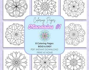 Może przedstawiać: Osiem czarno-białych mandali do kolorowania z tytułem "Coloring Pages Mandalas #1" i tekstem "Pama Publishing 8 Coloring Pages BOLD & EASY PDF: INSTANT DOWNLOAD PRINT AT HOME".