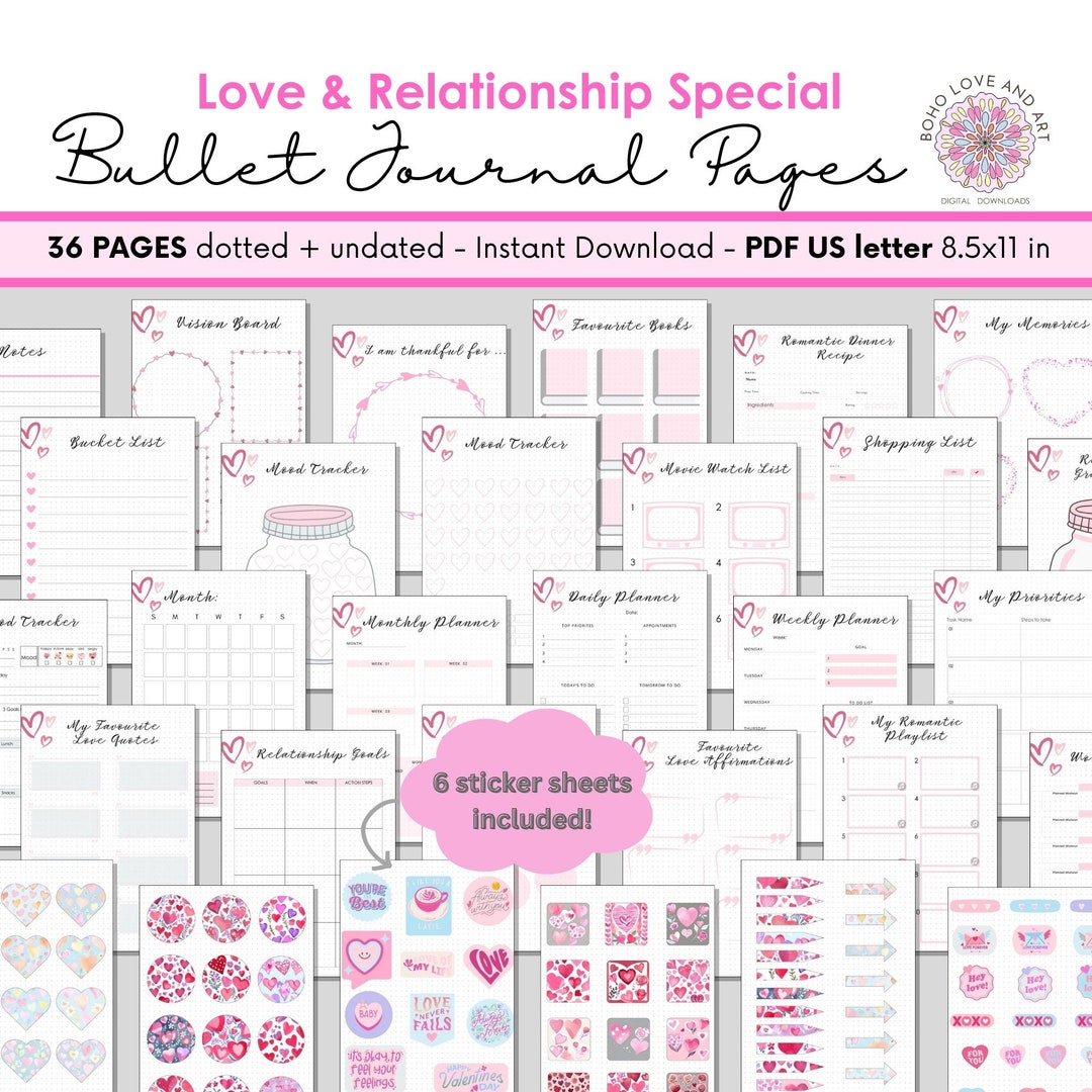 Premade Bullet Journal Pages, Love and Relationship Special, 36 Pages ...