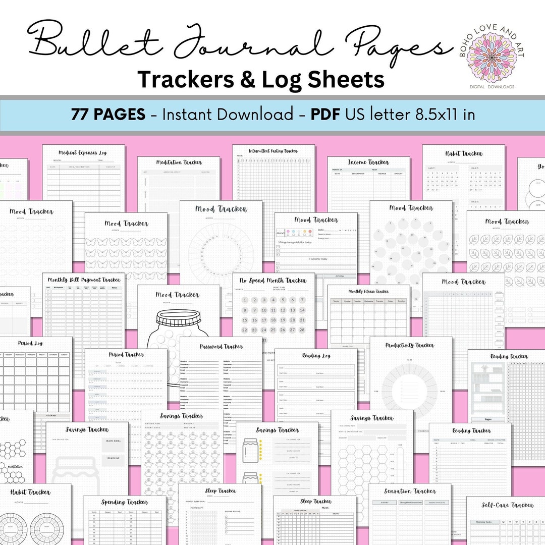 Pre-made Bullet Journal Tracker Log Sheets 77 Dot Grid Undated ...