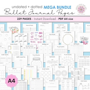 Premade Bullet Journal Dotted 220+ Pages A4 size | Full Year Life Planning + Tracking Bundle | Undated printable Journal Sheets | Download