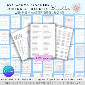 PLR Canva Templates Bundle 2500+ pages Journals Planners Trackers KDP, digital business starter kit, ready to resell, with MRR license
