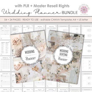PLR Wedding Planner + Wedding Seating Planner Bundle Canva templates - MRR Master Resell Rights License 54 + 24 pages - A4 & US Letter