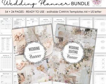 PLR Wedding Planner + Wedding Seating Planner Bundle Canva templates - MRR Master Resell Rights License 54 + 24 pages - A4 & US Letter