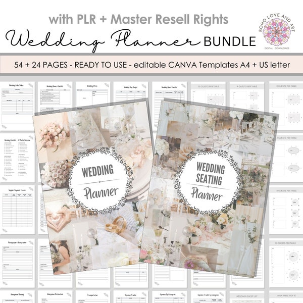 PLR Wedding Planner + Wedding Seating Planner Bundle Canva templates - MRR Master Resell Rights License 54 + 24 pages - A4 & US Letter