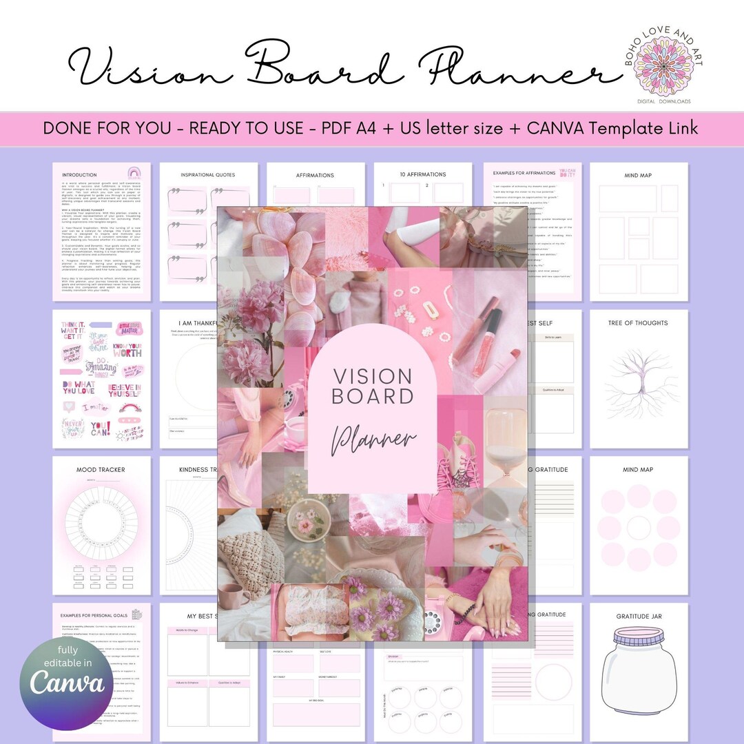 Vision Board Planner Printable PDF and Editable Canva Template, undated ...