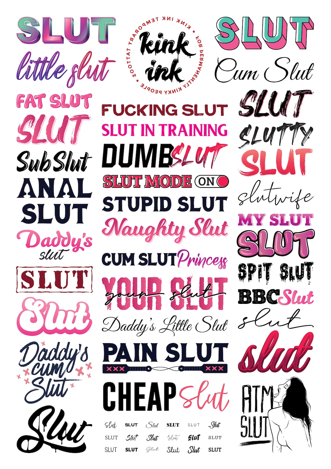 Slut Temporary Tattoos Set Of 34 By Kink Ink Etsy Ireland 