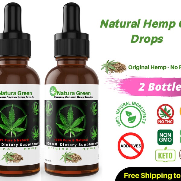 2 Pack Hemp Oil Drops 1000 mg 1 OZ - All Natural Raw Unrefined Gold USDA Organic Hemp Seeds -Original No Flavor- Zero THC and Psychoactive