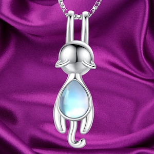 Cat Necklace 925 Sterling Silver Cat on Moon Pendant with Cubic Zirconia, Cat Jewelry