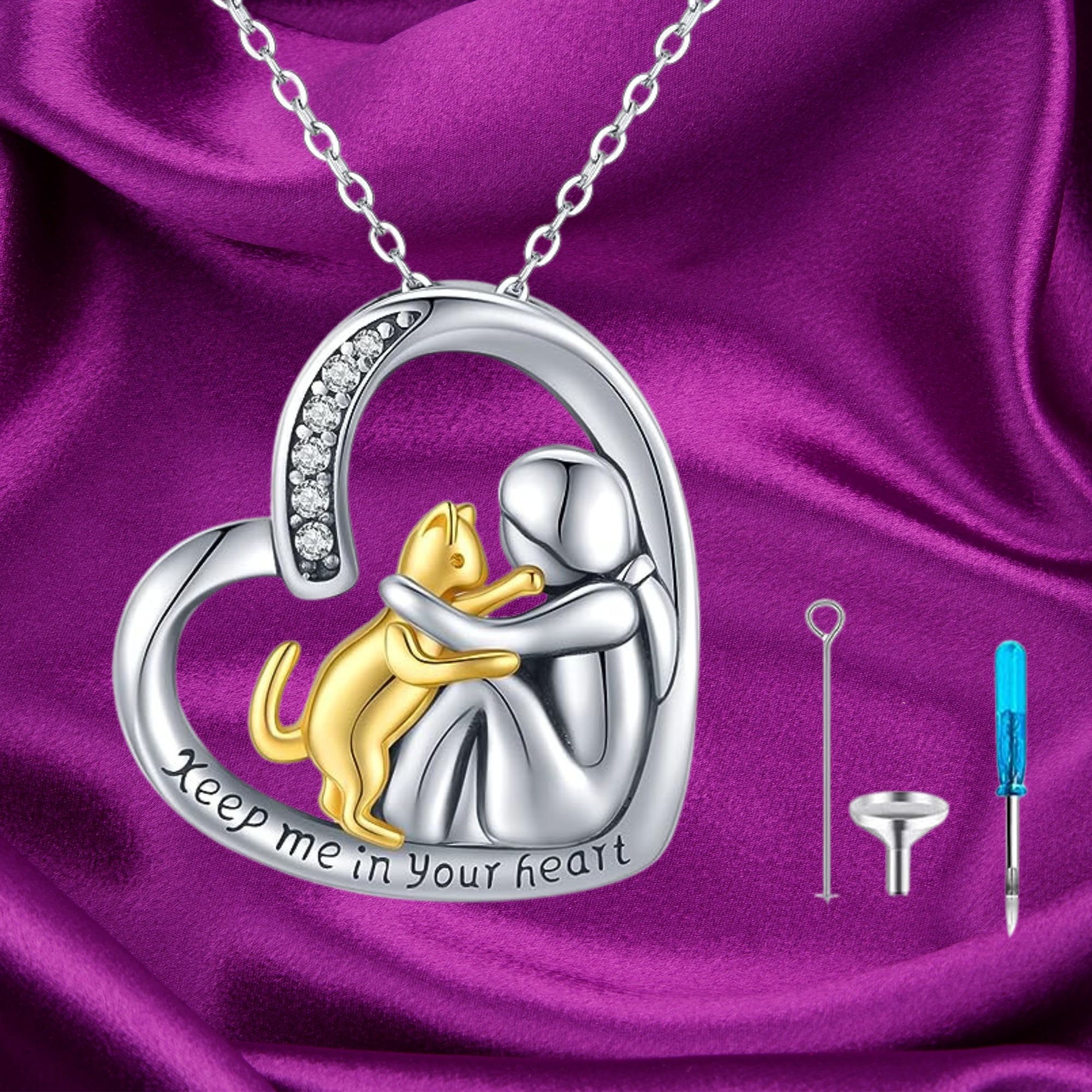 Cat Urn Necklace for Ashes 925 Sterling Silver Heart Cremation Jewelry Keepsake Memorial for Women