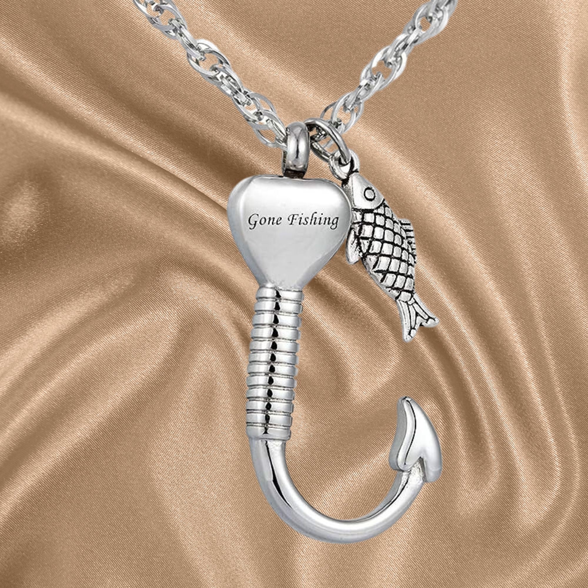 Gone Fishing Urn Necklace for Ashes Fish Hook Cremation Urn Pendant Fishing  in Heaven Keepsake Jewelry (Gone Fishing + Fishing in Heaven)