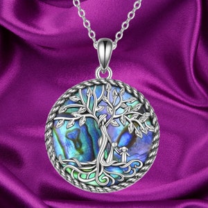 Tree of Life Necklace for Women Sterling Silver Abalone Shell Crystal Tree of Life Pendant Necklace Family Tree Jewelry