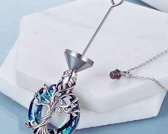 Tree of Life Urn Necklace for Ashes Cremation Jewelry Sterling Silver with Crystal Memorial Keepsake Jewelry w/Funnel Filler