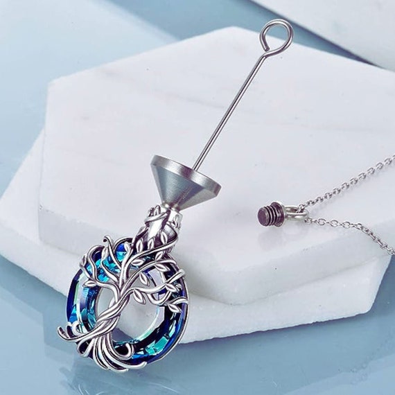 Tree of Life Urn Necklace for Ashes Cremation Jewelry Sterling Silver with  Crystal Memorial Keepsake Jewelry w/Funnel Filler