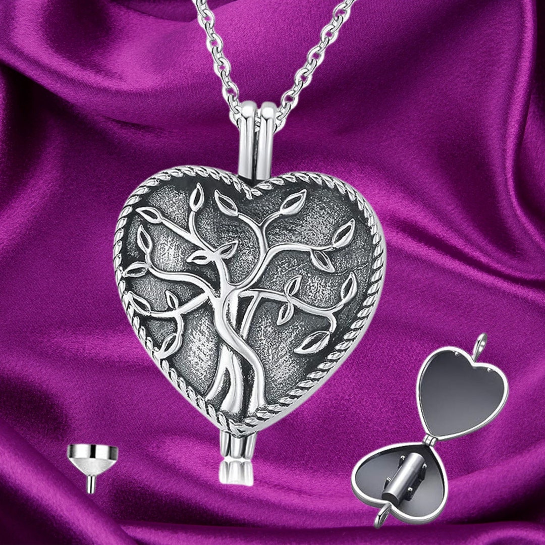 Heart Urn Ashes Necklace, 925 Sterling Silver Tree of Life Cremation