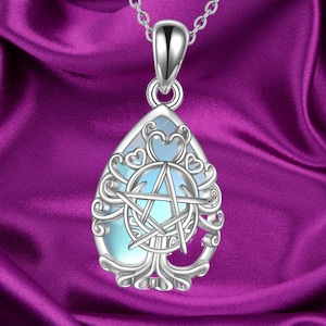 Triple Moon Goddess Necklace Sterling Silver Pentagram Pentacle Necklace Pagan Wiccan Magic Amulet Tree of Life Jewelry for Women Men 18&quot;