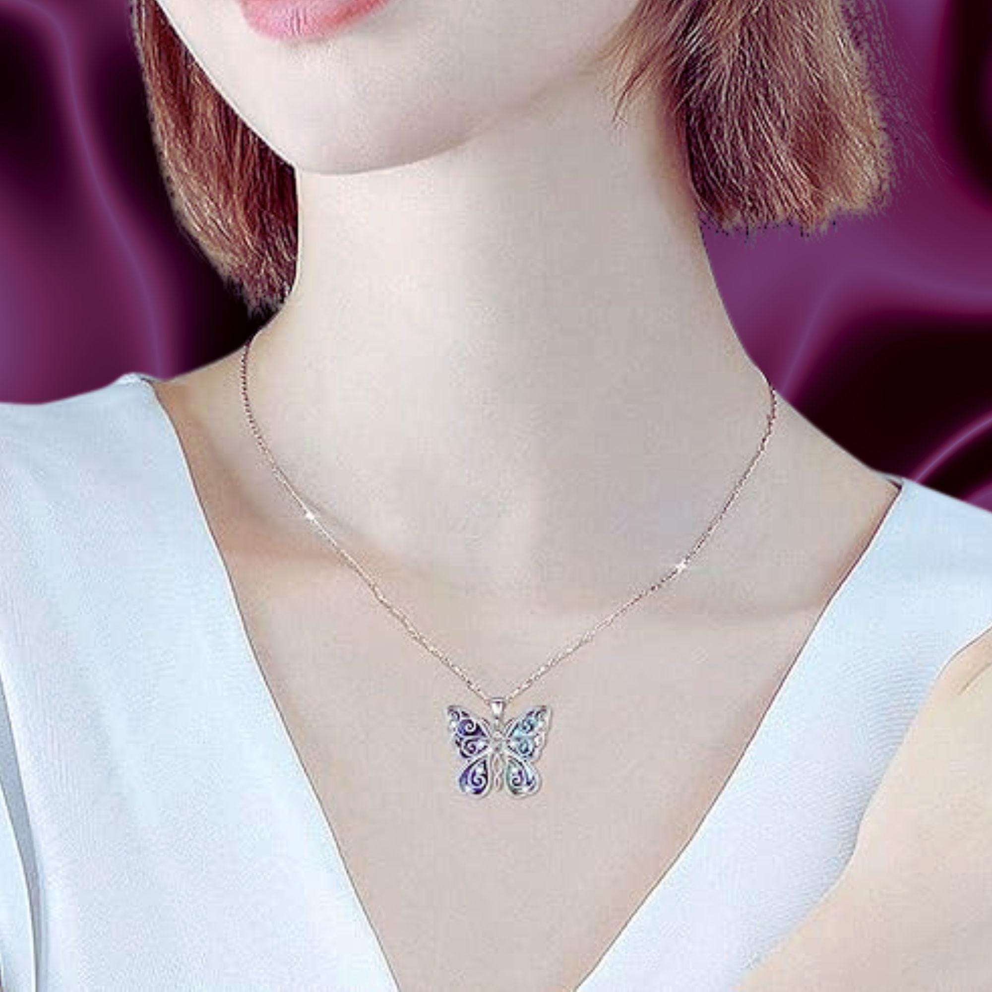 LONAGO Collana A Farfalla In Argento 925 - Ciondolo Farfalla Viola Con Conchiglia Abalone E Zirconi, Catena 45+5 Cm, Regalo In Scatola