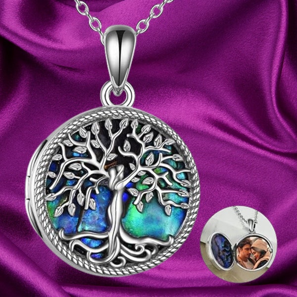 Tree of Life Locket Necklace Sterling Silver Abalone Shell Tree of Life Locket Necklace That Holds Pictures Tree of Life Jewelry