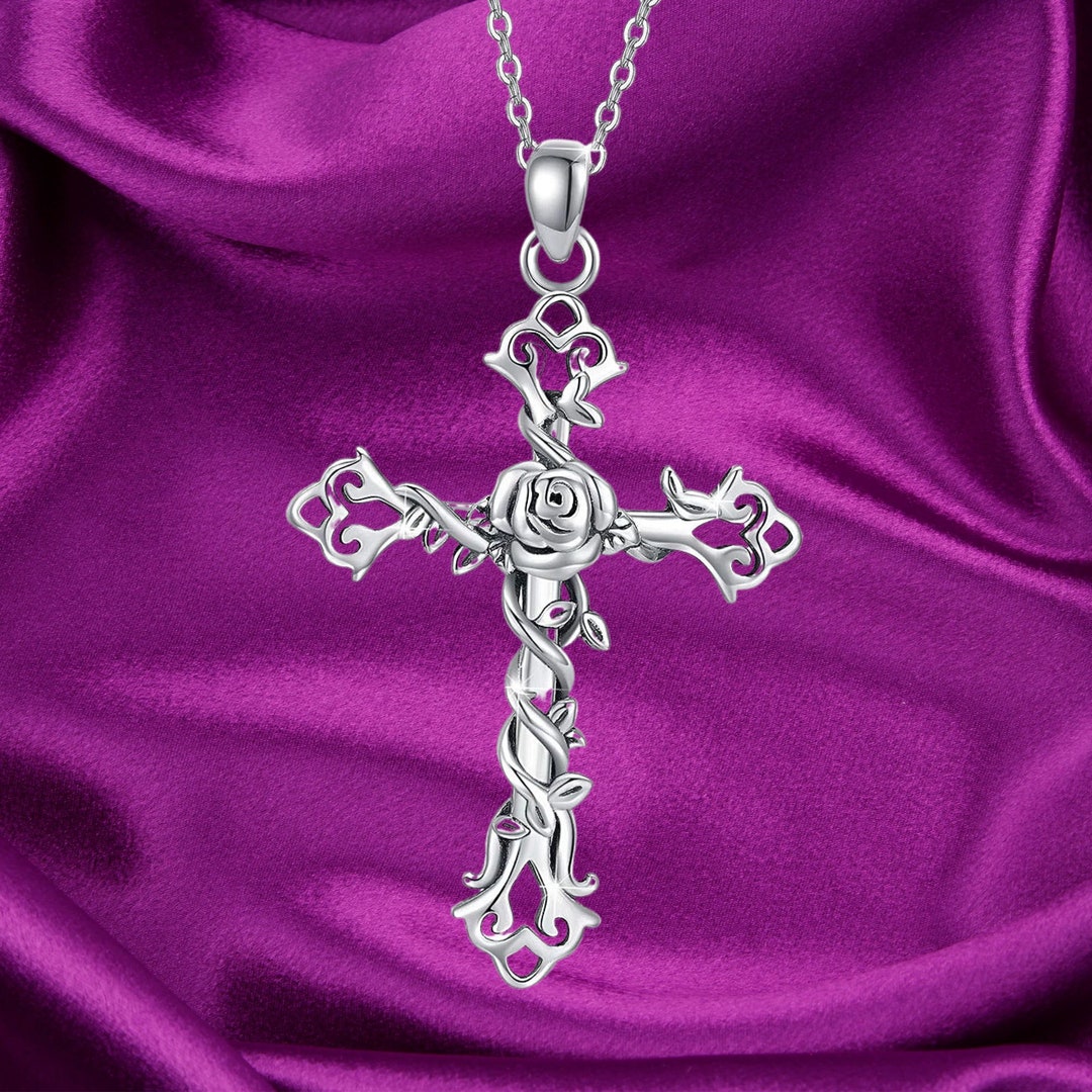 Ag Sterling Cross Rose Pendant Necklace on Holiday Card main image 0