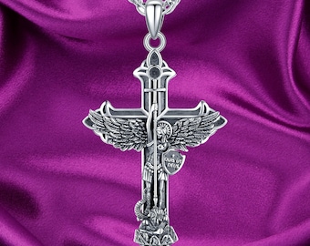 925 Sterling Silver St Michael Cross Necklace for Men Women Protection Amulet Pendant Catholic Medallions Jewelry with Gift Box