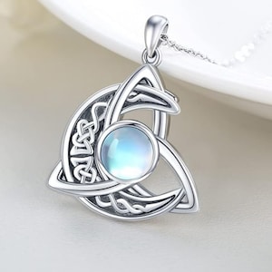 Celtic Moon Necklace for Women 925 Sterling Silver Celtic Knot Moonstone Pendant Necklace Crescent Irish Necklace Celtic Jewelry Gifts