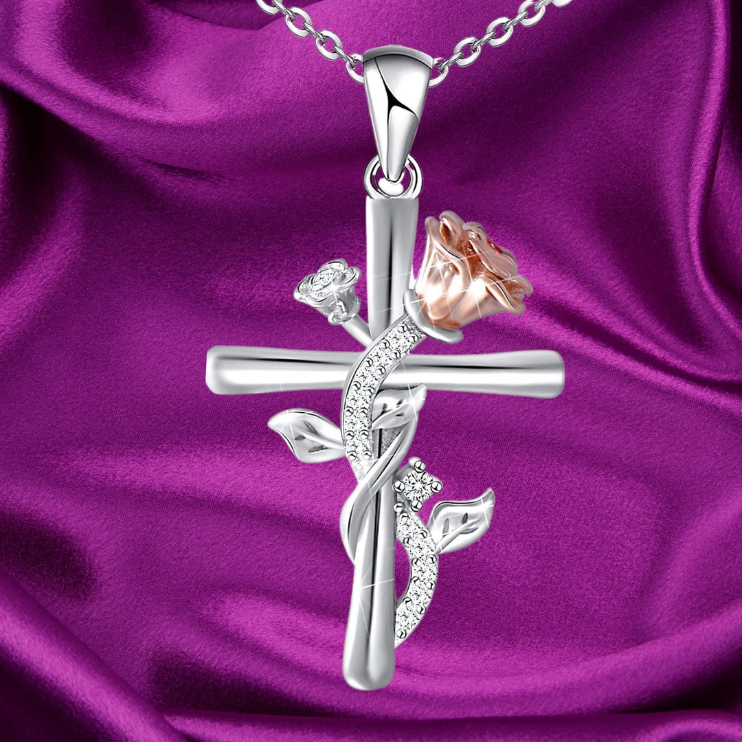 Cross Necklace 925 Sterling Silver Rose Flower Necklace, Silver Cross ...