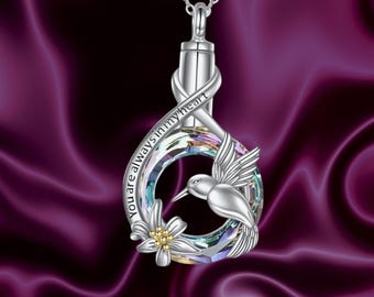 Urn Necklace Hummingbird Pendant 925 Sterling Silver Crystal Hummingbird Cremation Jewelry