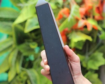 Large Black Tourmaline Obelisk Tower | 4-Faceted Healing Crystal Wand, Quartz Point