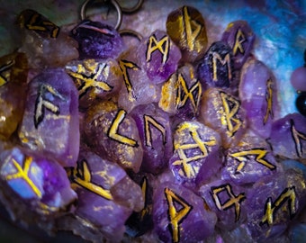 Elder Futhark Gold Dusted Raw Ametrine Runestone Set, Norse Pagan Handmade Alter Supplies for Divination and Witchcraft