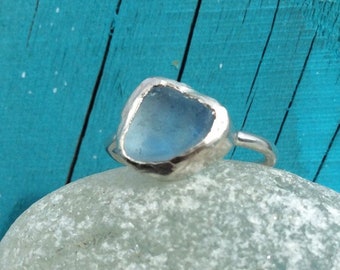 unique light blue Genuine Seaham sea glass ring UK size G-H. silver slim band handmade in Yorkshire
