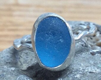 unique light blue Genuine Seaham sea glass ring UK size G-H. silver slim band handmade in Yorkshire