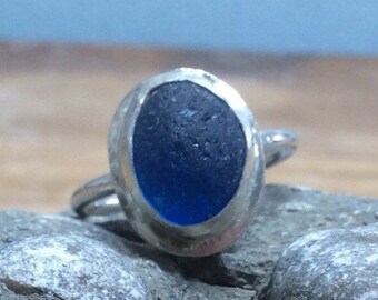 unique light blue Genuine Seaham sea glass ring UK size G-H. silver slim band handmade in Yorkshire