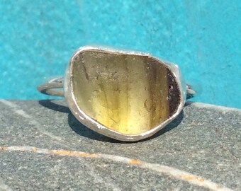 unique light blue Genuine Seaham sea glass ring UK size G-H. silver slim band handmade in Yorkshire