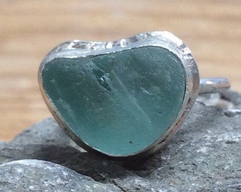 unique light blue Genuine Seaham sea glass ring UK size G-H. silver slim band handmade in Yorkshire