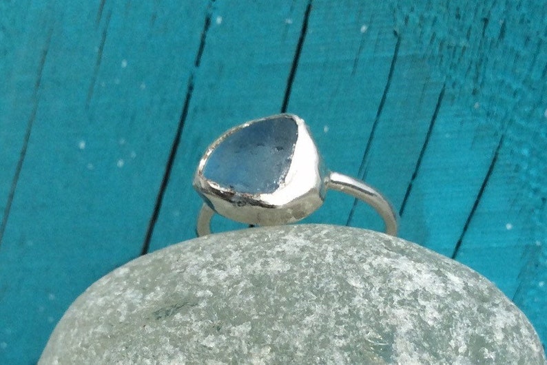 unique light blue Genuine Seaham sea glass ring UK size G-H. silver slim band handmade in Yorkshire