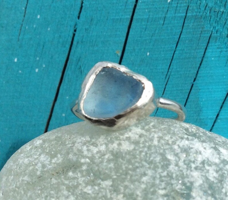 unique light blue Genuine Seaham sea glass ring UK size G-H. silver slim band handmade in Yorkshire