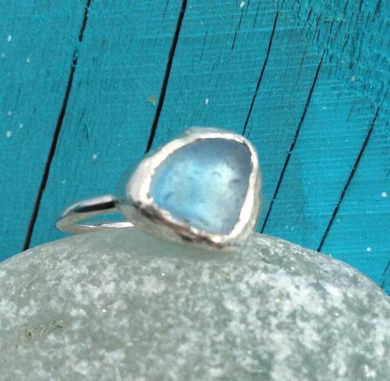 unique light blue Genuine Seaham sea glass ring UK size G-H. silver slim band handmade in Yorkshire