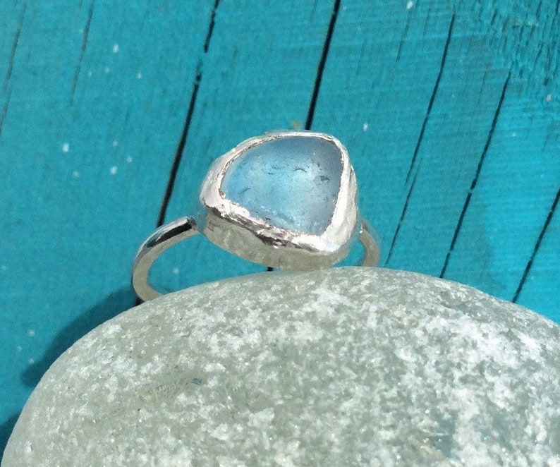 unique light blue Genuine Seaham sea glass ring UK size G-H. silver slim band handmade in Yorkshire
