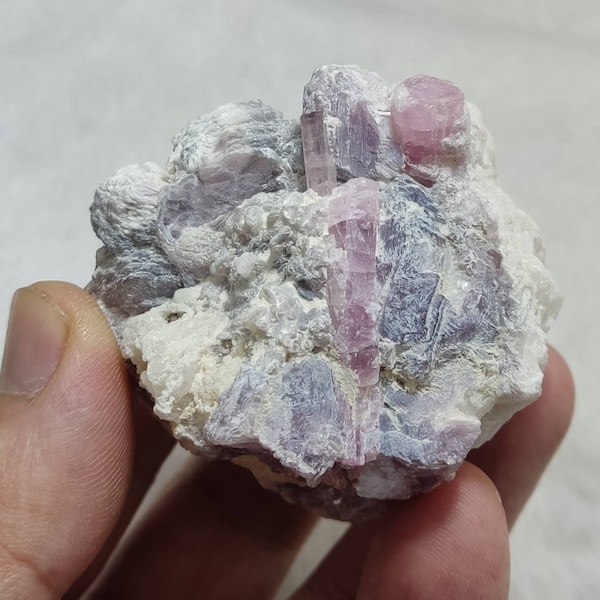 An amazing beautiful specimen of pink Tourmalines crystals with associated lepidolite mica and Albite 203 grams