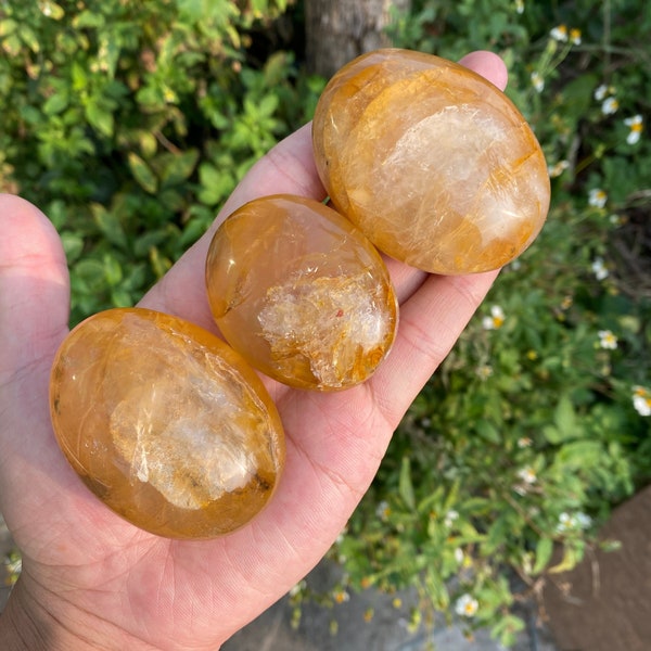 Piedra de palma sanadora dorada de calidad AAA, piedra de bolsillo de cristal, hematoide amarillo, piedra de palma de cristal