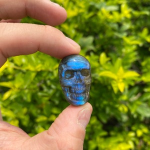 Puede incluir: Un cr&aacute;neo tallado en un cristal de labradorita azul. El cristal tiene un brillo iridiscente y se sostiene en una mano.