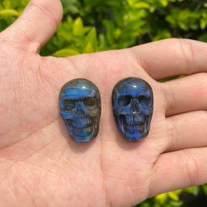 Puede incluir: Dos tallas de calavera de cristal de labradorita azul. Las calaveras est&aacute;n talladas con detalle y tienen un acabado brillante e iridiscente.